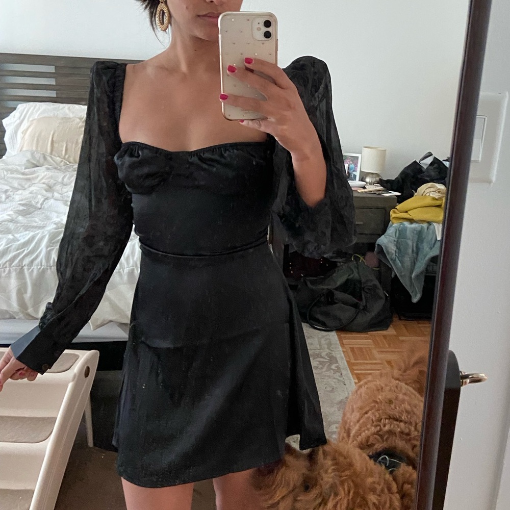 WeWoreWhat Black Satin Long Sleeve Dress